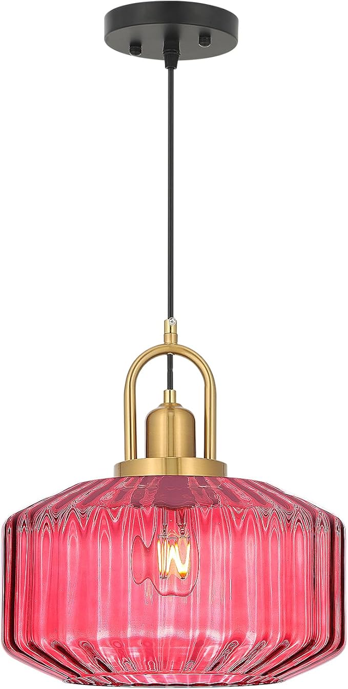 11.8in Mid Century Modern Wine Red Glass Pendant Light Fixture, Large Gold Kitchen Island Pendants Light Glass Ceiling Hanging Lamp for Foyer Dining Room Bedroom Entryway Hallway Over Sink