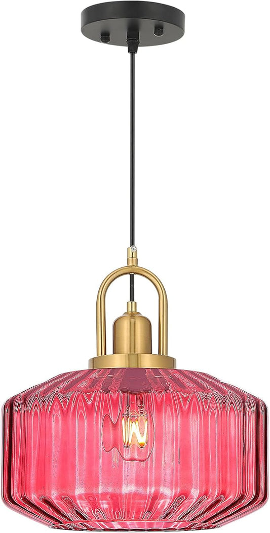 11.8in Mid Century Modern Wine Red Glass Pendant Light Fixture, Large Gold Kitchen Island Pendants Light Glass Ceiling Hanging Lamp for Foyer Dining Room Bedroom Entryway Hallway Over Sink