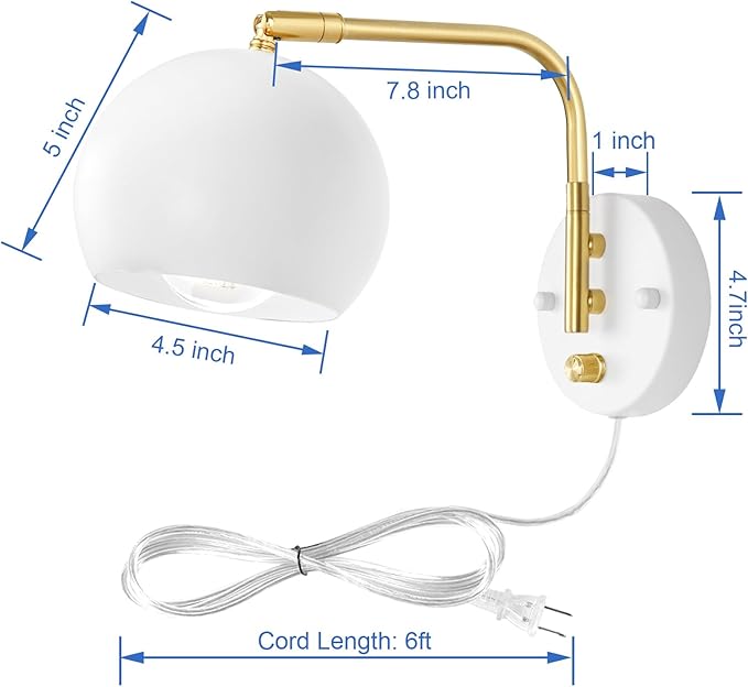 VATONI Wall Sconce with Remote Control, Plug in Wall Sconces Dimming 0-100% and Adjustable Color Temperature 2700K-6000K, Brushed Brass White Globe Swing Arm Wall Lights with Plug in Cord(2 Bulbs)
