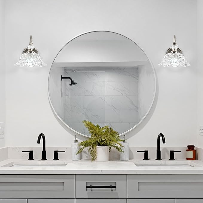 1 Piece Brushed Nickel Wall Sconce with Floral Clear Glass Shade, Brushed Nickel Finish Wall Mount Lighting for Bathroom, Modern Bathroom Vanity Light Fixture