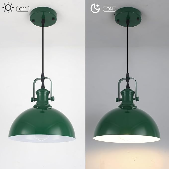 Green Farmhouse Pendant Light, 9.8 inches Industrial Pendant Light, Modern Pendant Lights for Kitchen Island Bedroom Living Room, 2 Pack