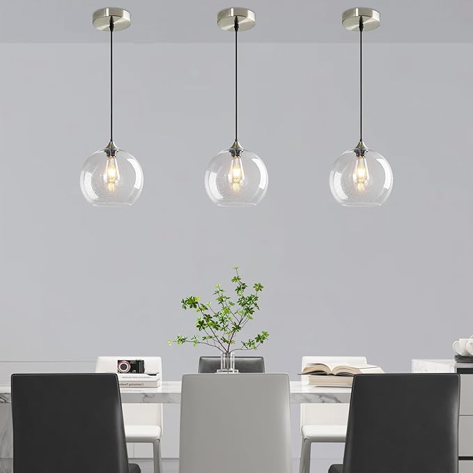 Modern 3-Pack Glass Globe Pendant Lights, Clear Modern Pendant Lighting for Kitchen Island, Clear Glass Hanging Lamps for Dining Room Living Room Bedroom, Medium 7.87 Inch Fixture (Bulbs Not Included)
