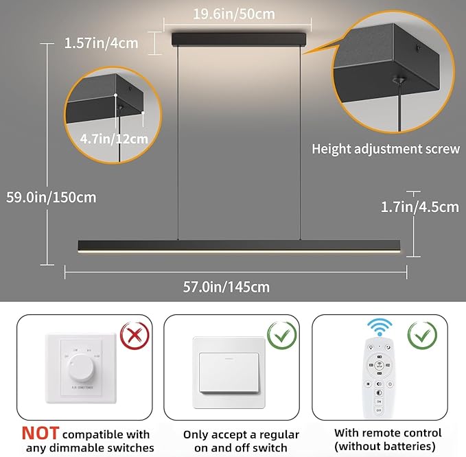 Modern Ceiling Pendant Light,57in LED Black Linear Ceiling Chandelier Light Dining Room,Living Room,Warm & Cool, Neutral Light,Aluminum Island Lighting Hanging Pendant Light for Kitchen