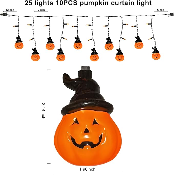 Halloween Curtain Pumpkin Hat Lights, 7Ft Hanging Halloween Decorative String Light with 10 Witch Hat Pumpkin Lights and 15 Mini Orange Bulbs UL Listed for Indoor Outdoor Party Porch Window Decor