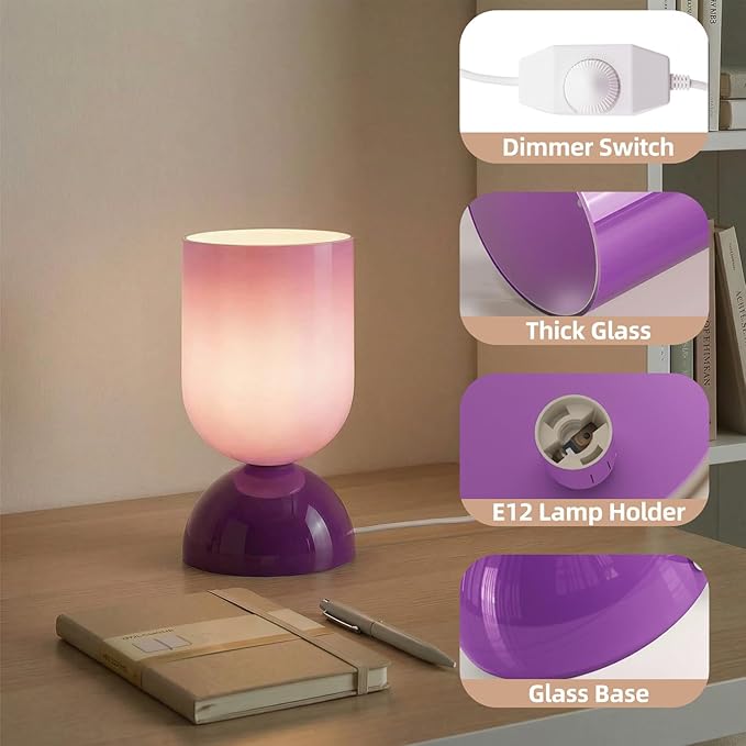 8.9" Modern Glass Table Lamp for Living Room, Dimmable Desk Lamps for Bedroom, UL Listed Nightstand Lamp with Dome Base, End Table Lamps for Home, Side Tables, College Dorm, Office, Glossy Purple