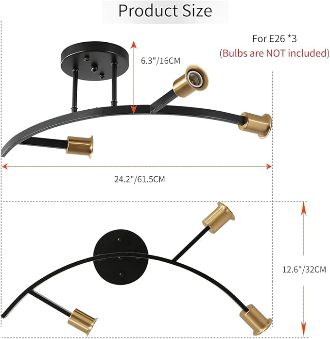 Modern Black and Gold 3-Lights Sputnik Chandelier Semi Flush Mount Ceiling Light Fixture for Entrance,Hallway,Kitchen,Bedroom
