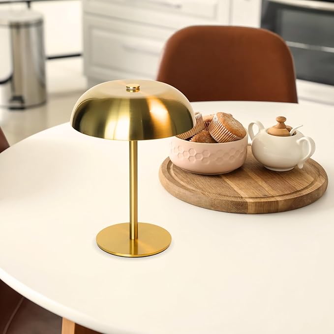 2 Pack Cordless Mushroom Table Lamp with 5200mAh Rechargeable Battery, Portable LED Night Light with Stepless Dimming, 3 Color Modes for Bedroom, Patio, Bar Decor and Coffee Shop Ambiance (Gold)