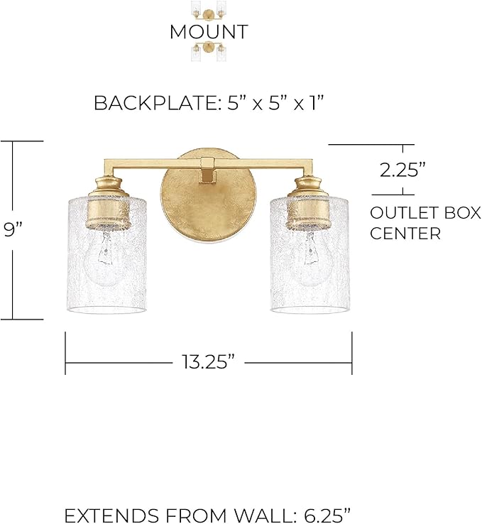 Capital Lighting 120521CG-422 Milan Iced Glass Bath Vanity Wall Mount, 2-Light 200 Total Watts, 9" H x 13" W, Capital Gold