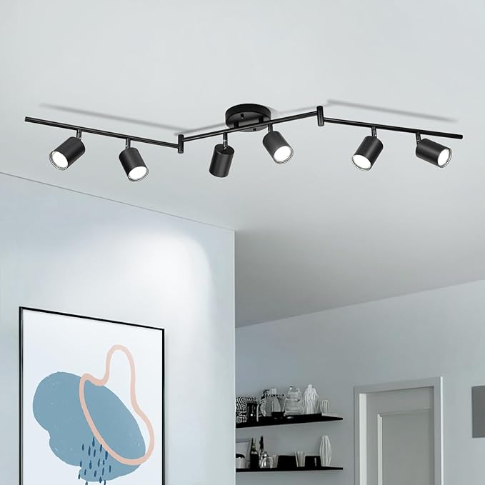 6 Ways Track Lighting, Rotatable Heads Tracks Light, Track Lightings Fixtures Ceiling with Foldable Arms, Modern Black Tracks Light for Kitchen, Living Room, Hallway(Bulbs Not Included)