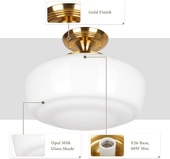 Large Schoolhouse Style Semi Flush Mount Ceiling Light Fixture, 14" Modern Gold Hallway Ceiling Lamp with Opal Milk Glass Shade Brass, Farmhouse Globe Light for Bedroom Kitchen Hallway Entryway