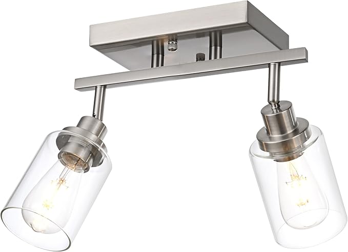 2 Light Track Lighting Kit Brushed Nickel Kitchen Track Lighting Fixtures Ceiling Mount Bathroom Vanity Wall Scones Light Fixture with Clear Glass, Rotatable Spotlight for Kitchen Shop Hallway