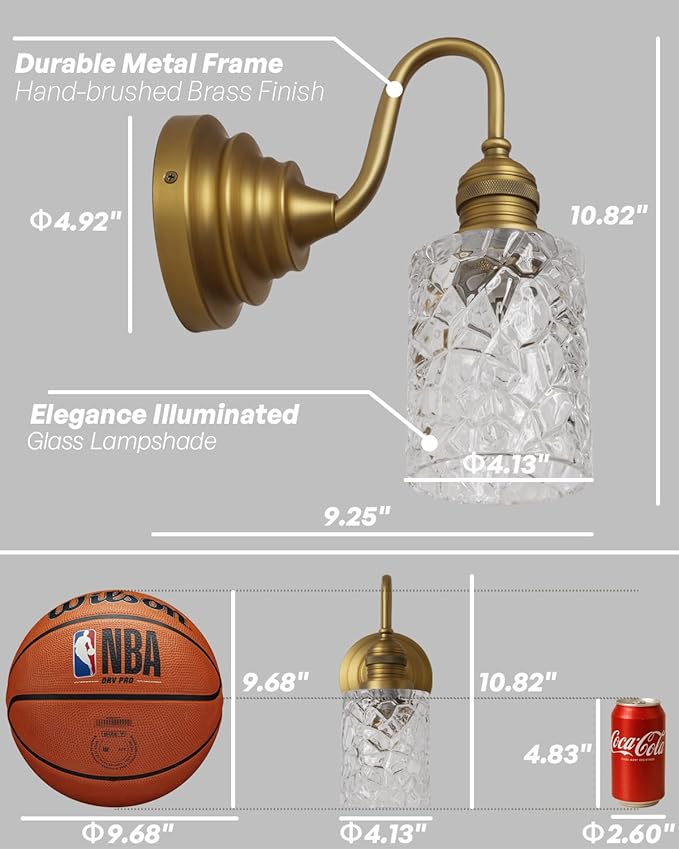 Vintage Wall Sconce Brass Gold Bathroom Vanity Light with Clear Ripple Glass Shade Indoor Hardwire Wall Mounted Lamp Light for Bathroom Mirror Living Room Bedroom Kitchen