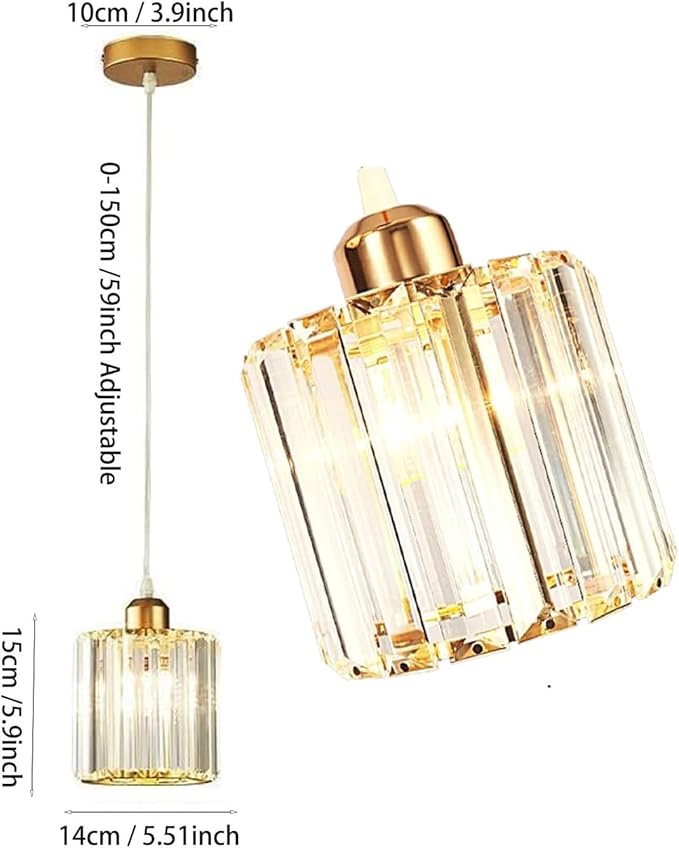 1 Pack Glass Pendant Light Battery Operated with Remote, Rechargeable Wireless Hanging Light Gold, Battery Powered Pendant Lamp Small Crystal Glass Chandelier for Kitchen Dining Table Bedroom