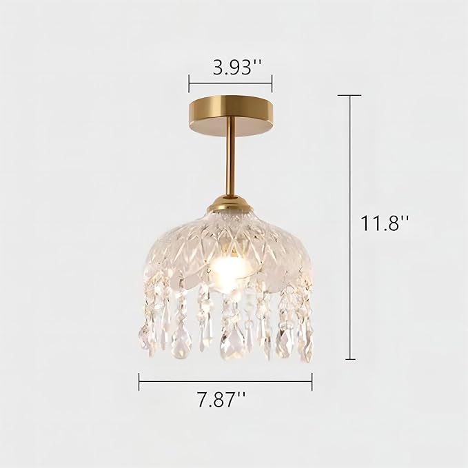 LIGHTLAND 7.9 Inch Vintage Crystal Ceiling Light, Crystal Dome Chandelier, Small Chandelier for Entryway, Hallway, Balcony