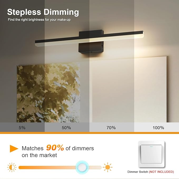 LED Modern Bathroom Vanity Light Fixtures 24 inch Dimmable 5CCT 18W Bathroom Light Over Mirror Black Wall Lighting Fixtures for Mirror 110V AC ETL Certificated