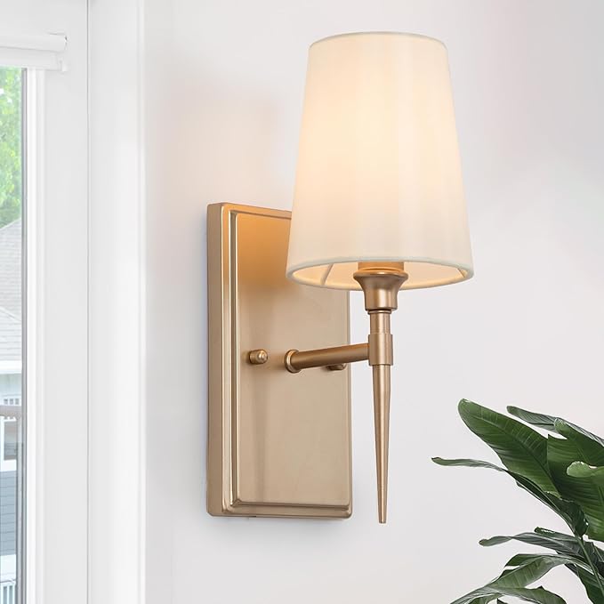 LALUZ Gold Wall Sconces, Modern 1-Light Gold Bathroom Light Fixtures with White Fabric Shade for Bathroom, Bedroom and Hallway
