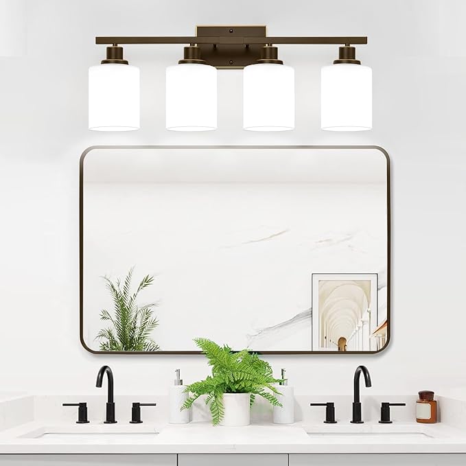 MOKATNG 4-Light Bathroom Light Fixtures, Vanity Light with Milky White Shades, Oil-Rubbed Bronze Bathroom Light Fixtures Over Mirror, Modern Bathroom Wall Lamp for Mirror Living Room Cabinet Bedroom