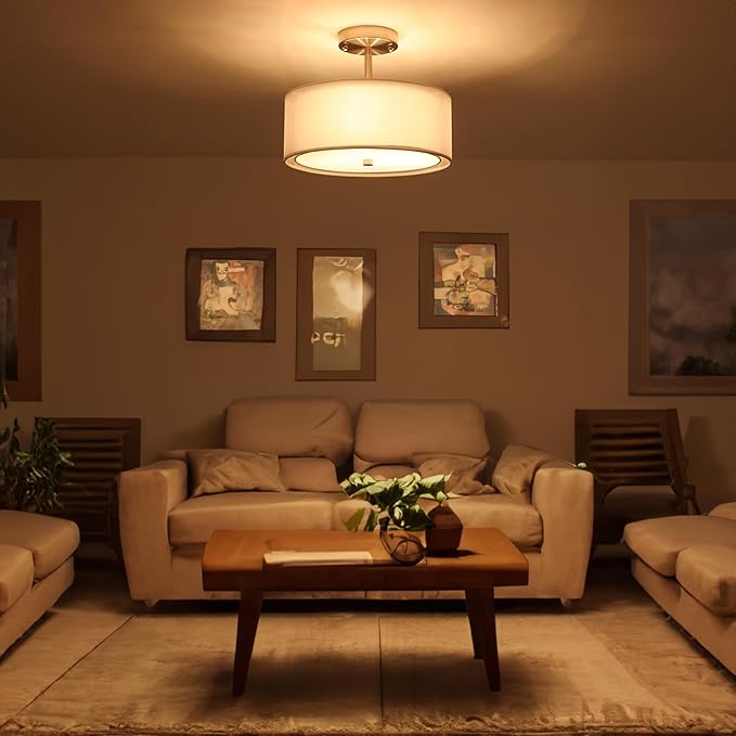Luupyia 3-Light Fabric Drum Ceiling Lighting with Double Fabric Shade, 12.59 Inches Simple Modern Semi Flush Mount Ceiling Pendant Light Fixture Modern Chandelier for Bedroom, Hallway, Foyer E26 60W
