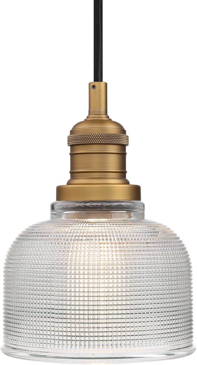 Yosoan Indoor Vintage Pendant Light with Striped Shade, 1-Light Hardwired Edison Vanity Fixture Industrial Semi Flush Mount Lamp Bowl Texture Glass for Kitchen Table Bar Island(Antique)
