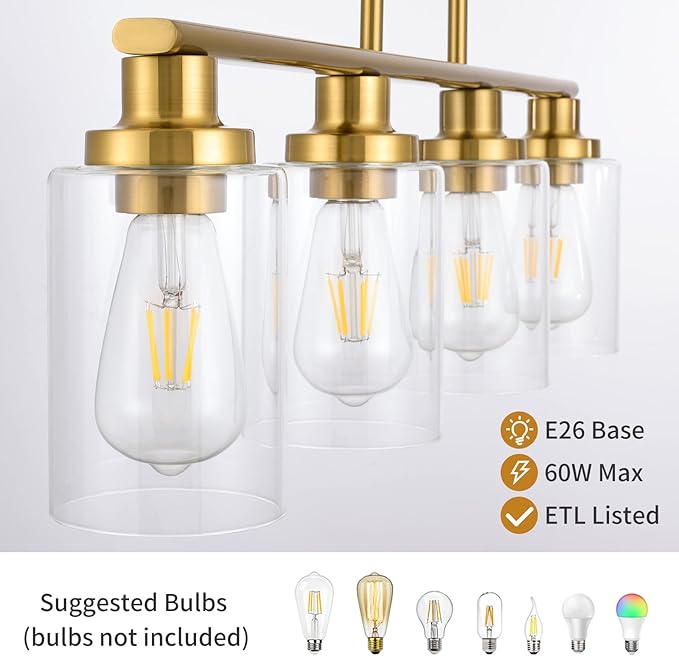 Kitchen Island Lighting, 4-Light Dining Room Light Fixtures Over Table,Gold Linear Chandelier for Dining Room Hanging,Pendant Lights Kitchen Island with Clear Glass Shade