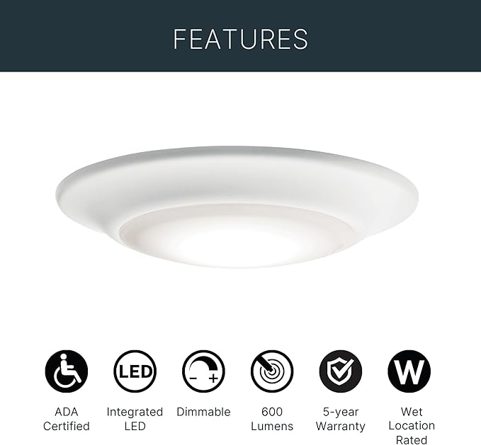 Kichler Gen 1 LED Downlight in White, 6” Ceiling Flush Mount Interior Dimmable Light, 3000K, (6” x 1.5”), 43878WHLED30