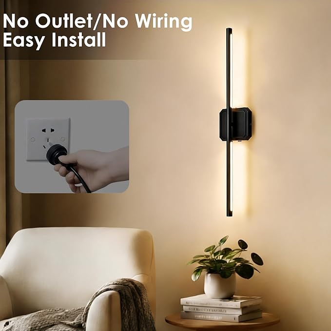Battery Operated Wall Sconces Set of 2, 𝐔𝐩𝐠𝐫𝐚𝐝𝐞𝐝 Rechargeable Wall Lights with Remote Control, LED Wall Sconces Black, 3000K-6000K Dimmable 360° Rotatable for Living Room, Bedroom, 28''