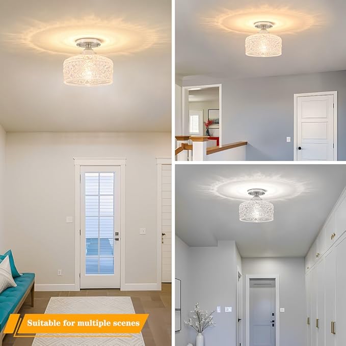 Brushed Nickel Semi Flush Mount Ceiling Light, Antique Ceiling Light with Glass, Indoor Close to Ceiling Light Fixture, Entryway Light Fixtures, Overhead Lighting Fixture for Hallway Kitchen Bedroom