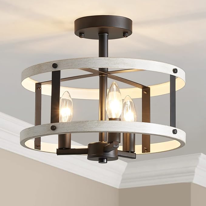 AGV LIGHTING Farmhouse Semi Flush Mount Ceiling Light Fixture There-Light Close to Ceiling Light, White Ash Wood Texture with Black Bronze Finish