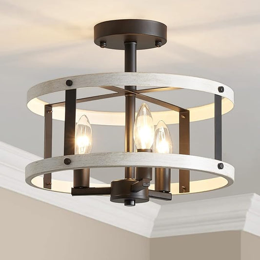 AGV LIGHTING Farmhouse Semi Flush Mount Ceiling Light Fixture There-Light Close to Ceiling Light, White Ash Wood Texture with Black Bronze Finish