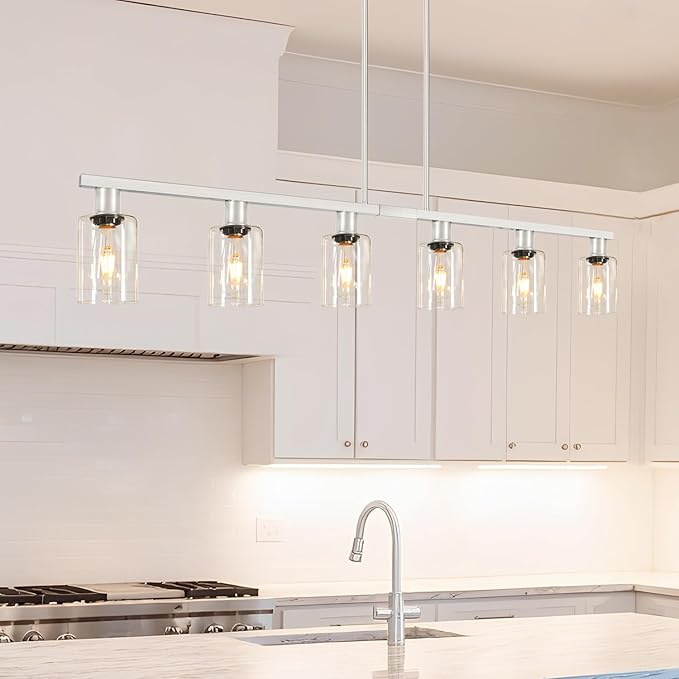 6-Light Kitchen Island Lighting with Glass Shade and Adjustable Rods, Brushed Nickel Dining Room Light Fixture Over Table, Farmhouse Linear Chandelier Pendant Light for Kitchen Living Room