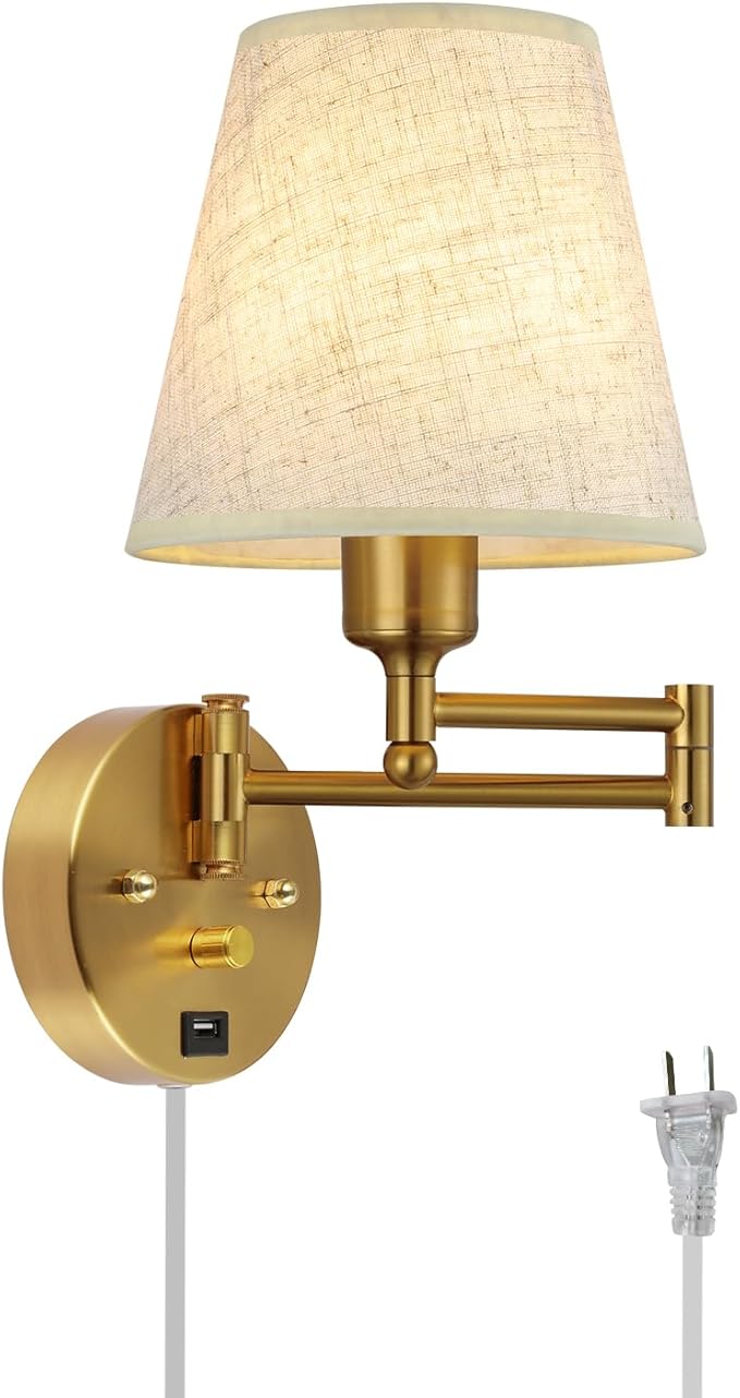 Bedside Wall Mount Light with Dimmable Switch and USB Port, Gold Swing Arm Fabric Shade Wall Sconce Light with Plug in Cord, Wall Lamp Perfect for Bedroom, Living Room and Hotel