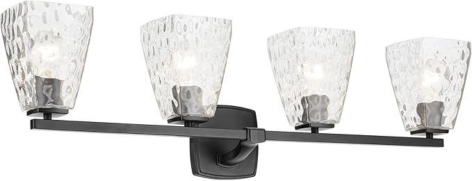 Kichler Marant 4-Light Bathroom Vanity Light Fixture with Clear Water Glass in Black, Modern Wall Mount Over Mirror Lighting for Powder Room (33.25" x 9.5" x 6.75"), 55217BKWTR