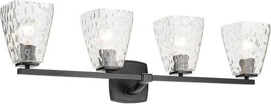 Kichler Marant 4-Light Bathroom Vanity Light Fixture with Clear Water Glass in Black, Modern Wall Mount Over Mirror Lighting for Powder Room (33.25" x 9.5" x 6.75"), 55217BKWTR