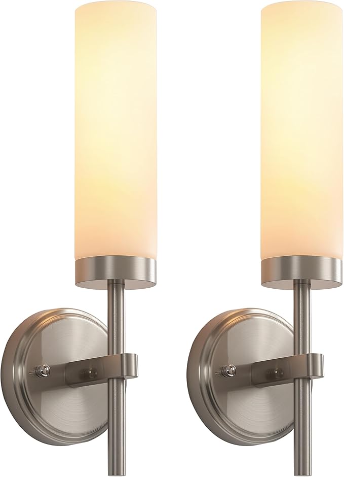 Wall Sconces Set of Two,Brushed Nickel Bathroom Sconces Wall Lighting with White Glass, Modern Sconces Wall Decor Set of 2 Wall Light fixtures for Bathroom Mirror Living Room Hallway Bedroom Wall Lamp