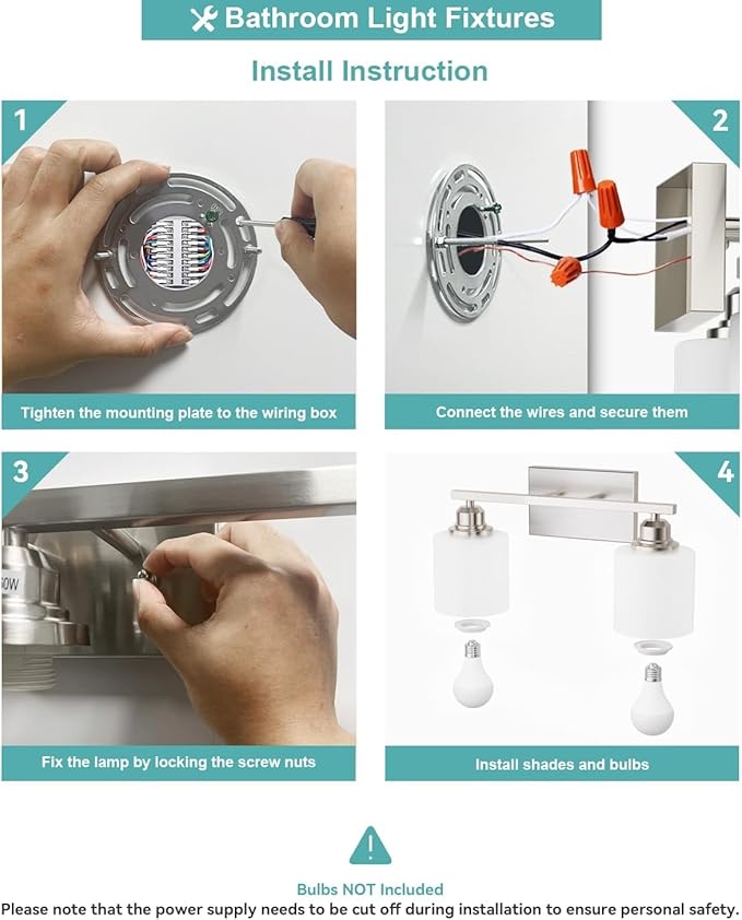 Sailstar Bathroom Light Fixtures 2-Light, Brushed Nickel Vanity Lights Fixtures, Modern Bathroom Vanity Light Over Mirror, Milky White Glass Shade & Anti-Rust Nickel Finished, Small Bathroom Light