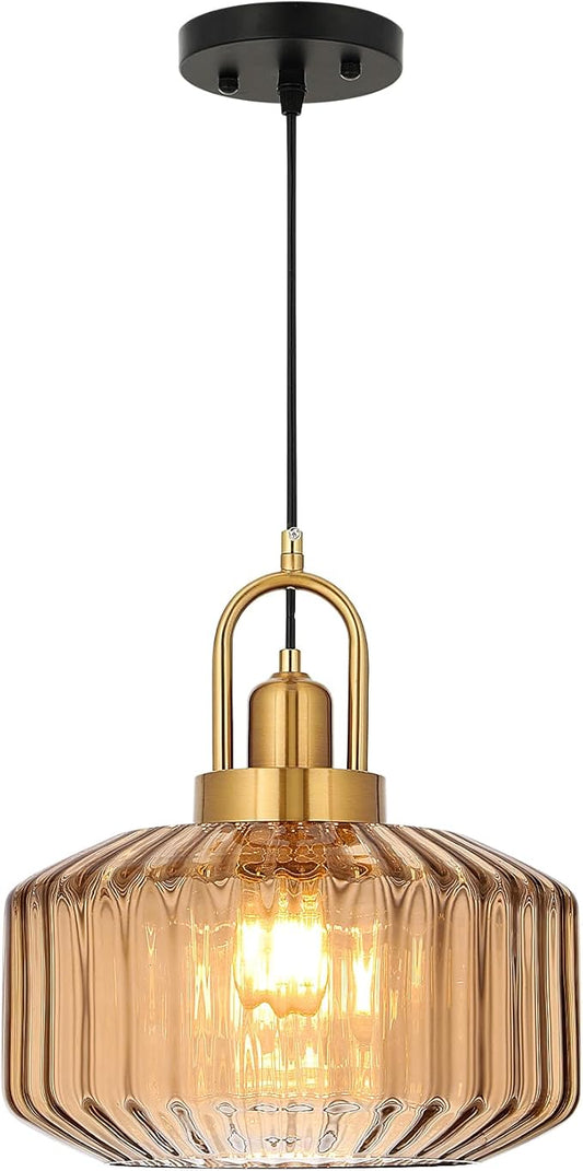 11.8in Mid Century Modern Amber Glass Pendant Light Fixture, Large Gold Kitchen Island Pendants Light Glass Ceiling Hanging Lamp for Foyer Dining Room Bedroom Entryway Hallway Over Sink