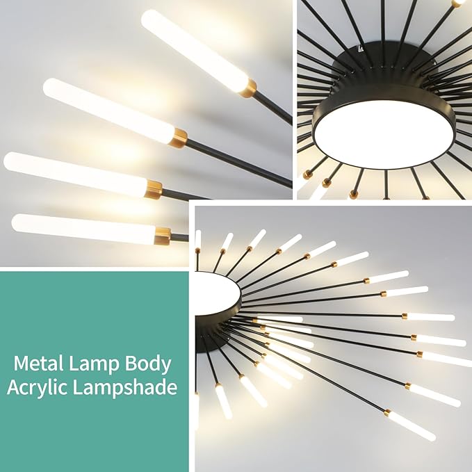 ziidoo Modern Ceiling Light, 42+1 Lights Metal Firework Designed Chic Led Lighting Fixture for Farmhouse Kitchen Dining Room Bedroom Hallway Living Room (Black)