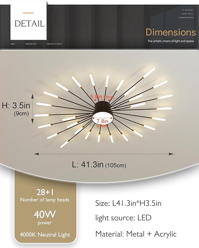 Modern Firework Ceiling Lamp, 29 Lights Metal Black Sputnik Flush Mount Ceiling Light Fixture, 40W LED Flower Chandeliers Lighting Fixture for Farmhouse Kitchen Dining Room Bedroom Living Room