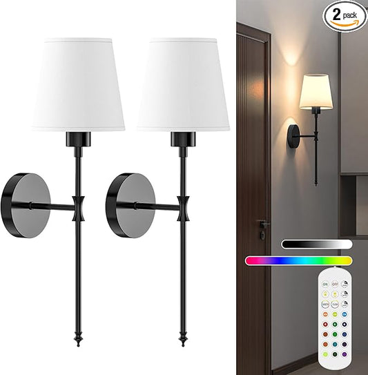 Battery Operated Wall Sconce Set of 2 Rechargeable Wireless Wall Sconces Wall Lamps with Dimmable and Remote, 12 Colors Wall Lights with RGB Bulb for Bedroom Living Room Hallway Decor(Black)