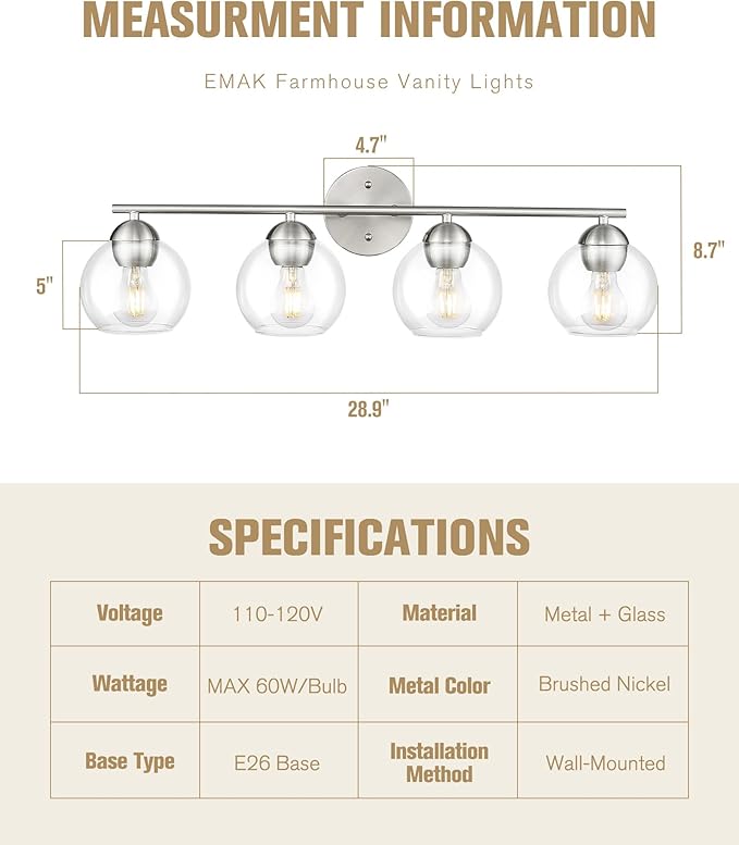 Emak mak 4-Light Bathroom Vanity Light, 29 Inch Brushed Nickel Bathroom Light, Globe Vanity Lighting with Clear Glass Shade for Bath, VL114-BN-4