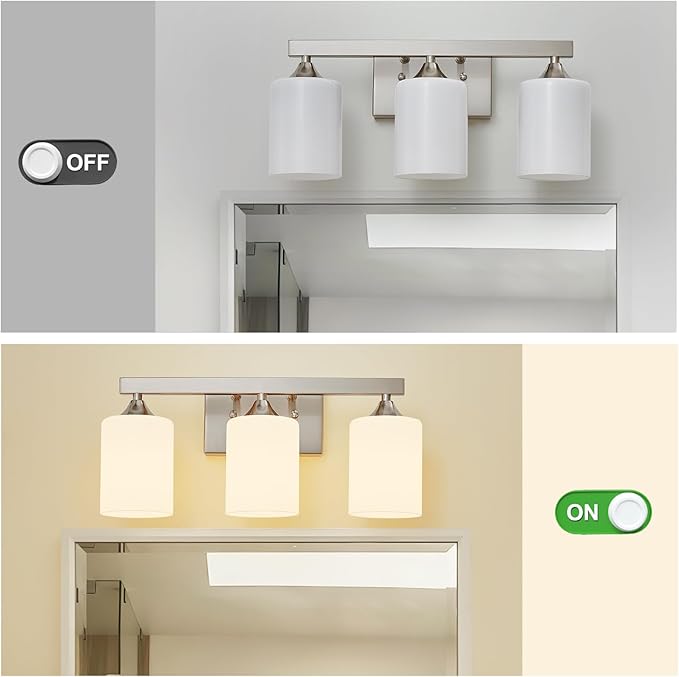 ZHU YAN Brushed Nickel Vanity Light,3 Light Bathroom Lighting Fixtures Over Mirror,Milky White Glass Shades Wall Sconces,Vanity Lights Fixtures for Mirror Bedroom Hallway E26 Socket