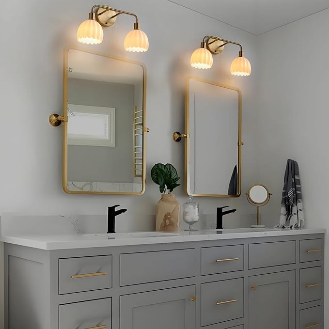 2-Light Gold Brass Bathroom Light Fixture,Wall Sconces,Brushed Gold Vanlity Light Over Mirror,Bathroom Vanity Light with White Glass Flower Shade,E26 Socket(Bulbs Not Included)