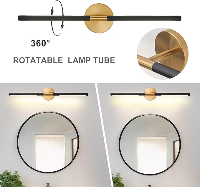 Modern Bathroom Light Fixtures Over Mirror 36 Inch, 26W 360° Rotatable Dimmable 4000K Led Vanity Light Bar, Black and Gold Bathroom Vanity Lights Above Mirror