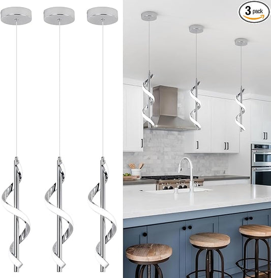 CANEOE 3 Packs Modern Spiral Led Pendant Light Fixture, Cold White 5500K Kitchen Island Pendant Lamp, Adjustable Hanging Light Fixture for Bedroom Living Room Kitchen Sink (Chrome)