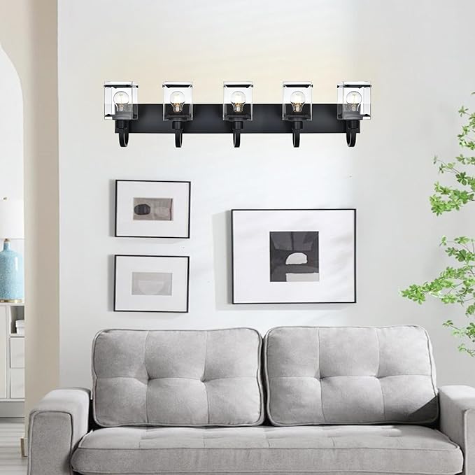 5 Light Vanity Light Bathroom Lighting Fixtures,Black Cage Vintage Wall Sconces Lighting,40.2 Inch Bath Wall Mounted Lights with Clear Glass Shade Bathroom Vanity Light for Living Room