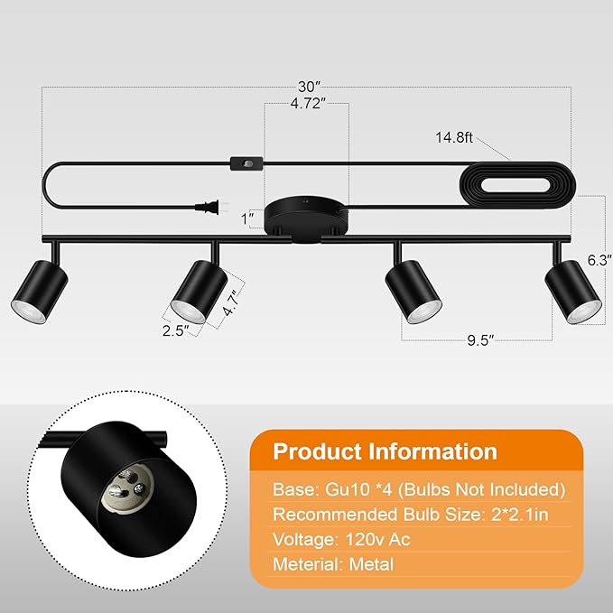 Plug in Track Lighting LED, Track Lighting Fixtures Ceiling, Black 4-Light Kitchen Light Kit, Plug in Wall Light with 14.8ft Power Cord, Rotatable Ceiling Spotlight for Bedroom(GU10 Socket, NO Bulb)