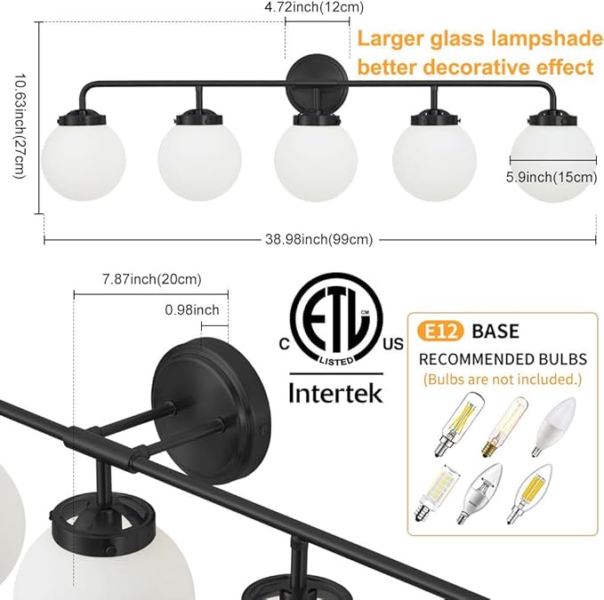 Bathroom Light Fixtures Over Mirror, 5-Light Matte Black Vanity Lighting with Milk White Glass Globe Shades Modern Wall Sconce