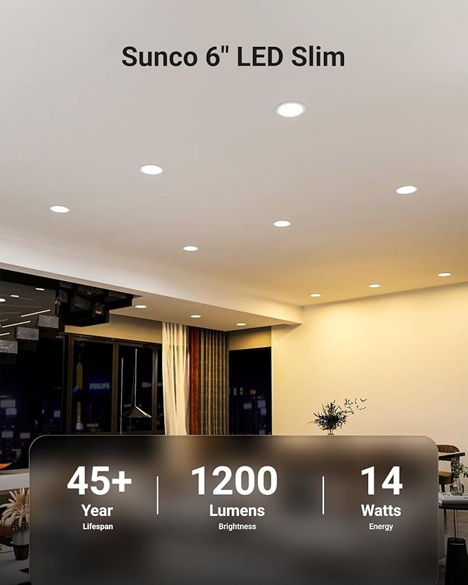 Sunco 12 Pack Recessed Lighting 6 Inch LED, Canless Ceiling Lights Slim with Junction Box, 850 LM, 14W (100W Equivalent), 2700K Soft White, Dimmable, Wafer Thin, 50000 Lifetime Hours ETL.