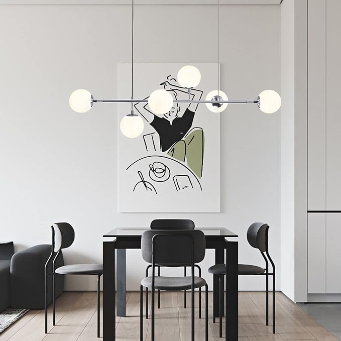 BOKT Modern 6-Light Ceiling Pendant Lighting Mid-Century Large Globes Sputnik Chandelier Brushed Nickel Milk Glass Globe Linear Pendant Light Dining Room Flush Mount Ceiling Lamp