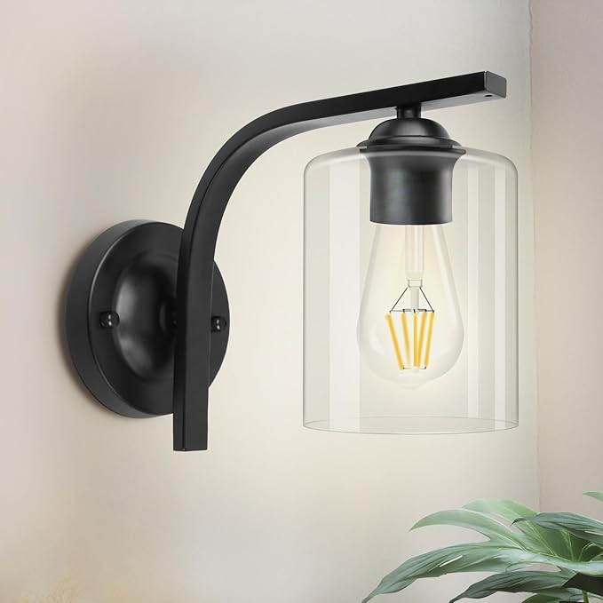 CANMEIJIA Wall Sconce 1 Light, Modern Wall Lighting Fixture, Bathroom Vanity Lights with Matte Black Wall Lamp for Bedroom Kitchen Hallway Porch, Clear Glass Shade, E26 Socket, Bulbs Not Included